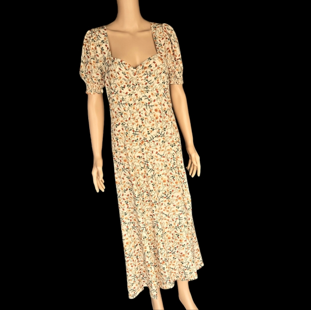 Maisie Floral Midi Dress Sweatheart Neck Puff Short Sleeves Side Slit Cream Sz L